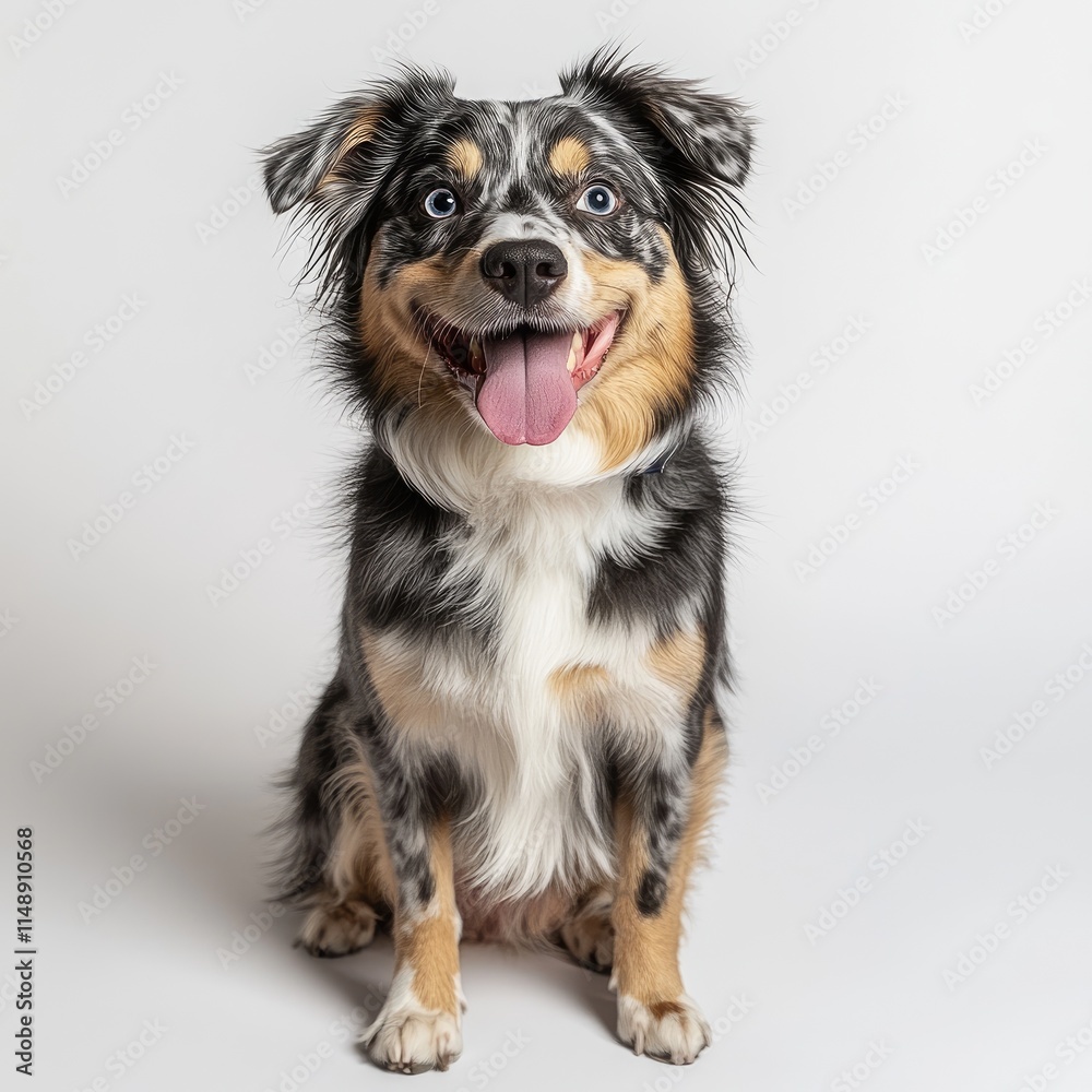 A photograph of a happy Australian Shepherd dog with its tongue out, sitting on the floor against a white background png A photograph of a happy Australian Shepherd dog with its tongue out, sitting on the floor against a white background png