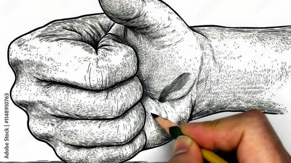 Creative hand drawing of a clenched fist with detailed shading and texture