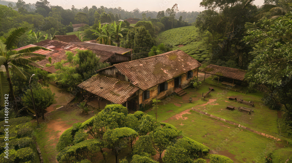 Drone view of a historic tea plantation with antique equipment and cultural elements still in use, Drone view of a historic tea plantation with antique equipment and cultural elements still in use,