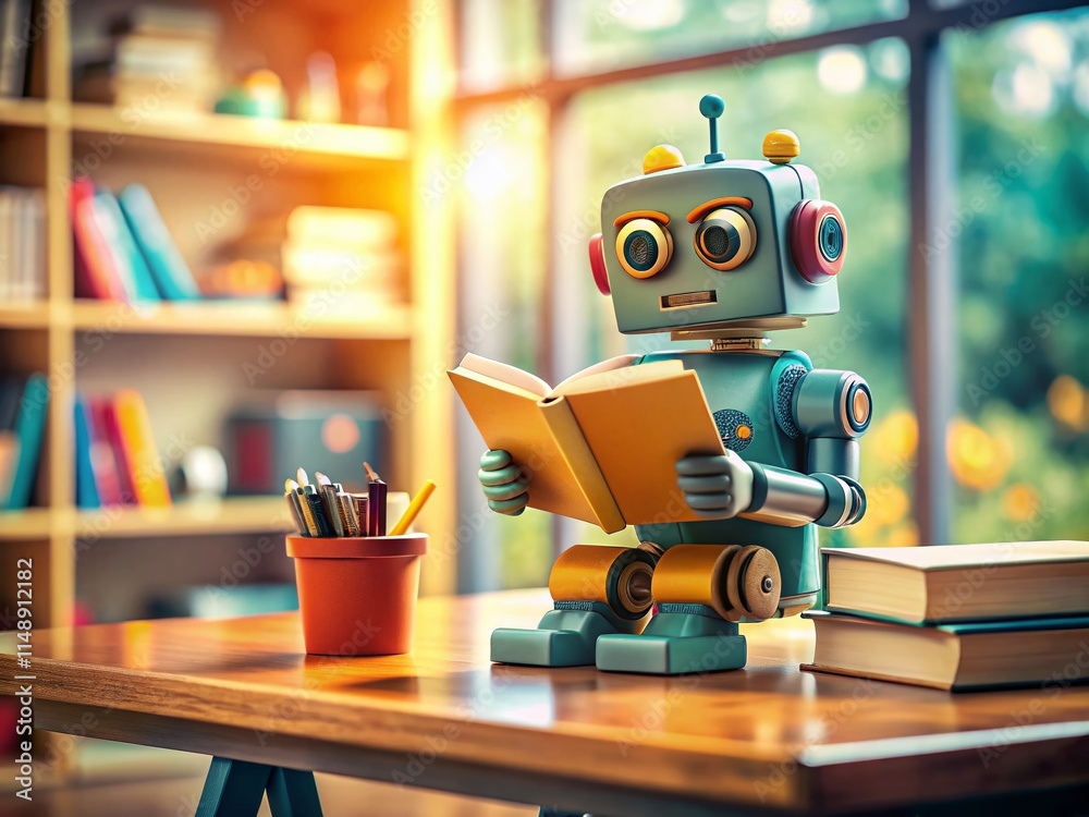 Cute Robot Learning: Tilt-Shift Cartoon AI Reading Book Cute Robot Learning: Tilt-Shift Cartoon AI Reading Book