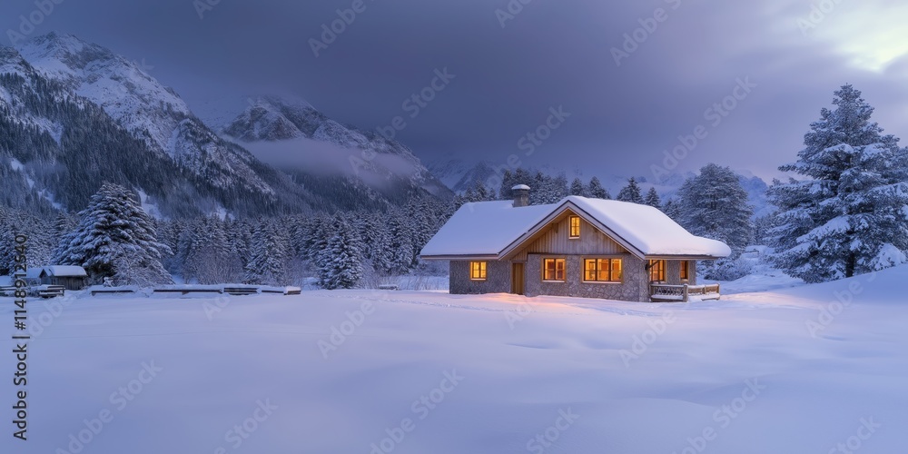 Fototapeta premium Snow-covered cottage in the mountains, with warm lights glowing from the windows, created by ai