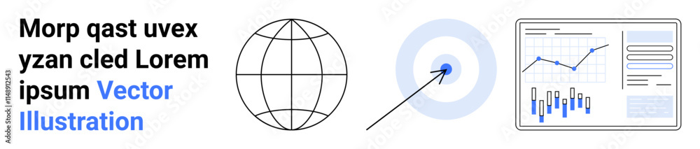 Globe for worldwide reach, target with arrow for goal setting, and graph for data analysis. Ideal for business planning, market research, global strategy, performance tracking, goal achievement, data Globe for worldwide reach, target with arrow for goal setting, and graph for data analysis. Ideal for business planning, market research, global strategy, performance tracking, goal achievement, data