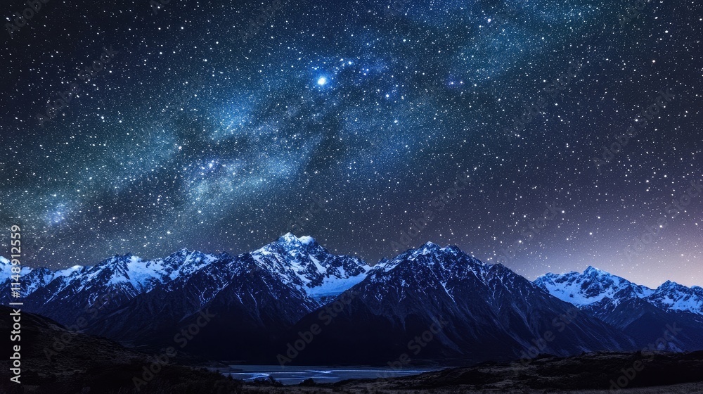 Starry Night Sky Over Majestic Snow-Capped Mountains with a Glimmering Milky Way and Calm Reflections in the Tranquil Waters Below Starry Night Sky Over Majestic Snow-Capped Mountains with a Glimmering Milky Way and Calm Reflections in the Tranquil Waters Below