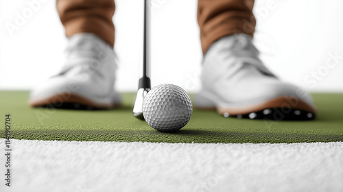 Ready to Tee Off: A close-up shot of a golfer's feet, showcasing their white golf shoes and the club poised to strike the golf ball. This image encapsulates the anticipation and focus before a swing.