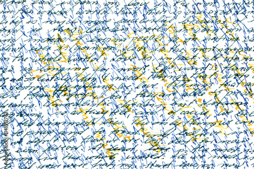 Handwritten text in three directions with a fountain pen and three colors of ink: blue, black and yellow photo