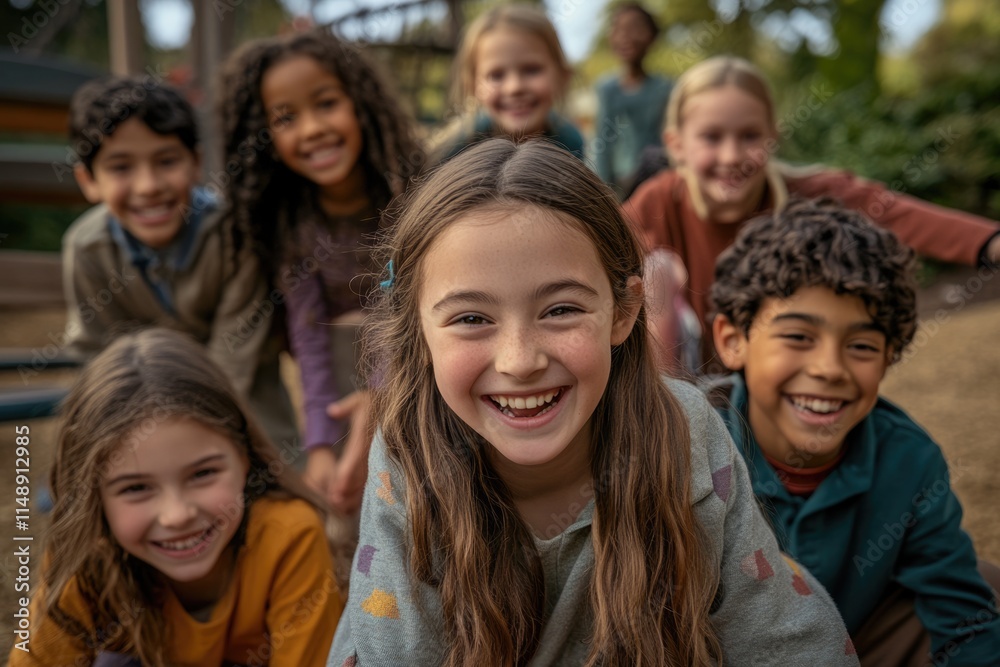 A group of happy children smiling brightly at the camera during an outdoor playtime. A group of happy children smiling brightly at the camera during an outdoor playtime.
