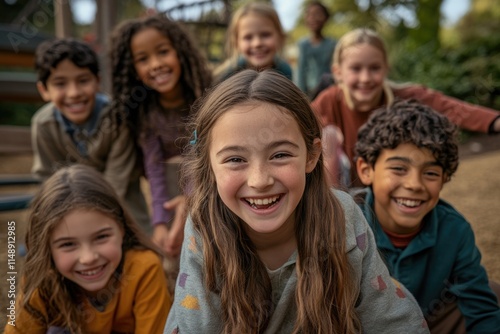 A group of happy children smiling brightly at the camera during an outdoor playtime.