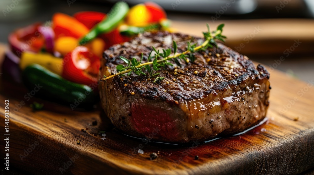 Juicy Grilled Steak with Fresh Vegetables on a Wooden Board, Perfectly Cooked and Garnished for a Delicious Culinary Presentation Juicy Grilled Steak with Fresh Vegetables on a Wooden Board, Perfectly Cooked and Garnished for a Delicious Culinary Presentation