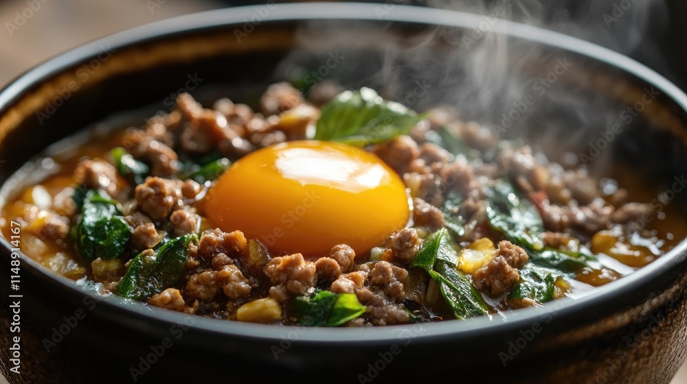 Savory bowl of steaming hot rice topped with seasoned ground meat, fresh spinach, and a runny egg yolk for a delightful culinary experience