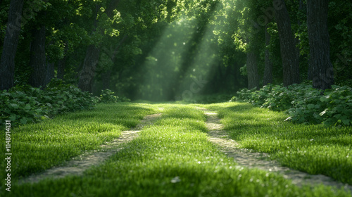 Lush green forest path with sunlight filtering through trees, creating serene atmosphere