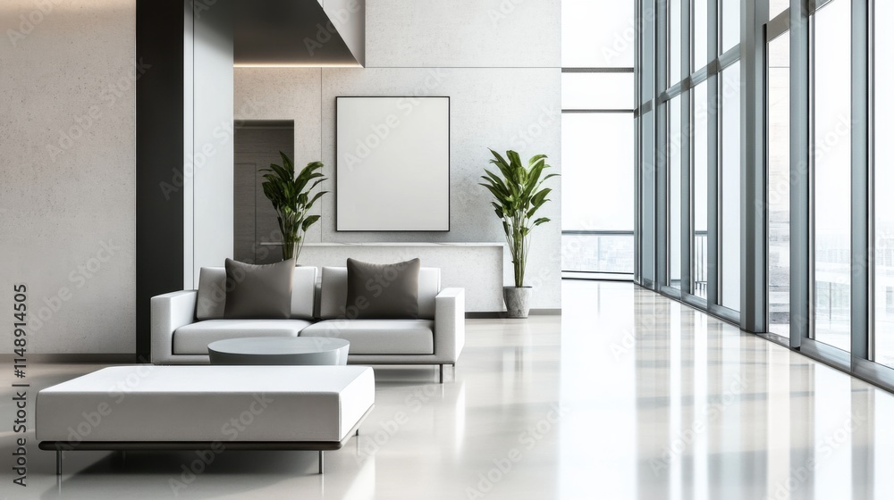 Fototapeta premium Modern minimalist lounge with sleek, clean decor. Featuring neutral tones and simple lines