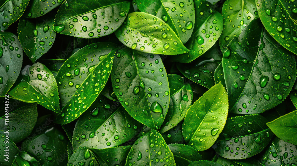 Fototapeta premium Fresh green tea leaves glistening with morning dew, close-up view with vibrant shades of green and soft natural lighting,