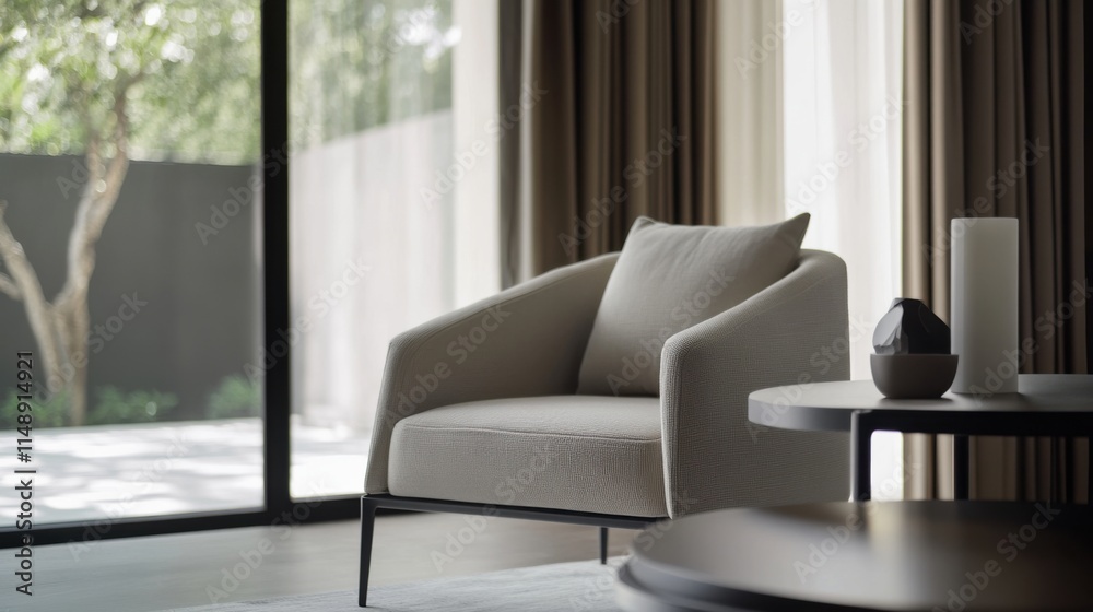Fototapeta premium Modern minimalist lounge with sleek, elegant decor. Featuring clean lines and neutral colors