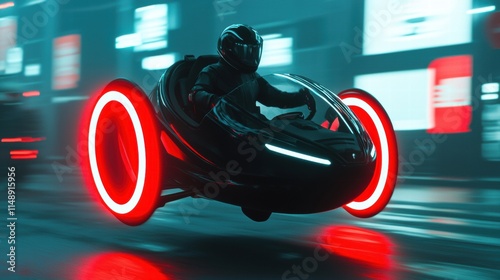 A futuristic hover car glowing as it races through the night photo