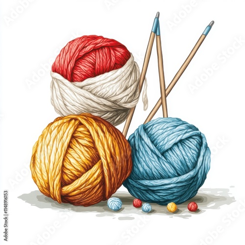 Colorful yarn balls in red, white, orange, and blue with knitting needles, creating a cozy crafting atmosphere. photo