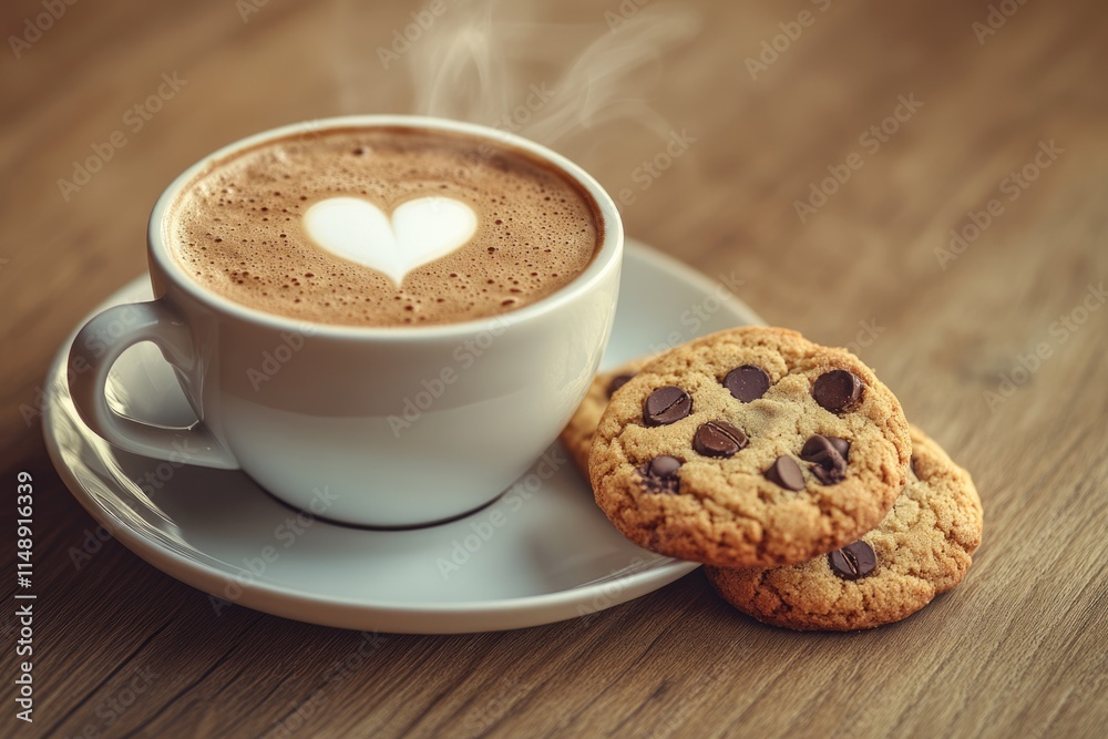 A steaming cup of latte art coffee with a heart design, accompanied by two chocolate chip cookies on a wooden table. A steaming cup of latte art coffee with a heart design, accompanied by two chocolate chip cookies on a wooden table.