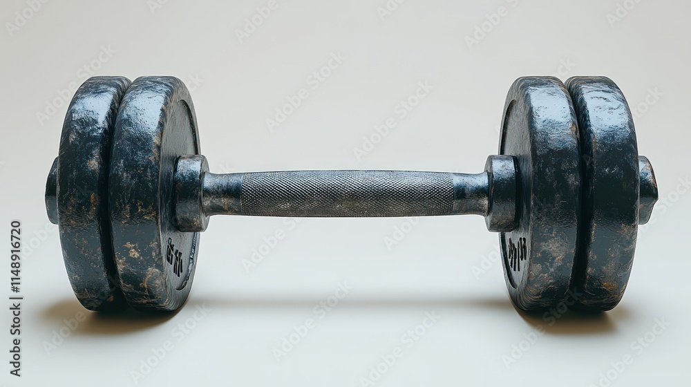 Fototapeta premium Close-up of a vintage, dark-grey metal dumbbell with textured plates and a worn handle, isolated on a light grey background.