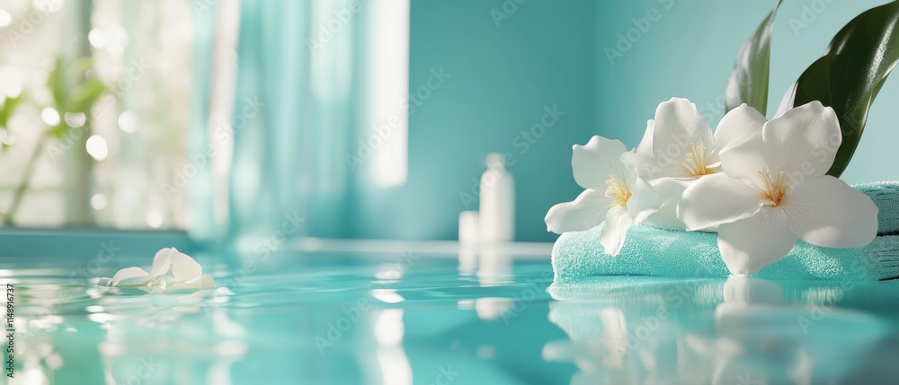 serene spa setting featuring white flowers, turquoise water, and soft towels creates calming atmosphere serene spa setting featuring white flowers, turquoise water, and soft towels creates calming atmosphere