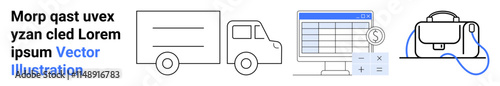 Delivery truck, spreadsheet on computer screen with dollar symbol and calculation icons, and a backpack. Ideal for business, logistics, finance, education, transportation, travel, project management