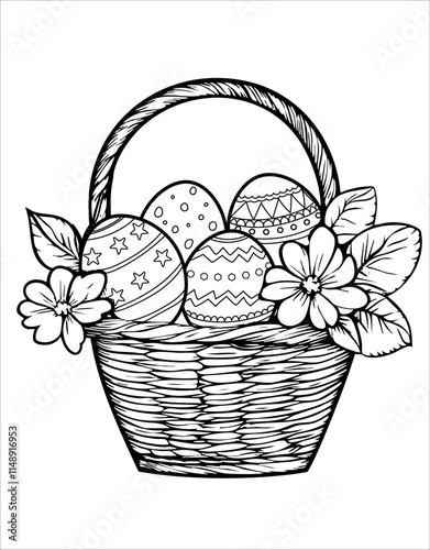 Colouring page Easter basket with eggs and flowers