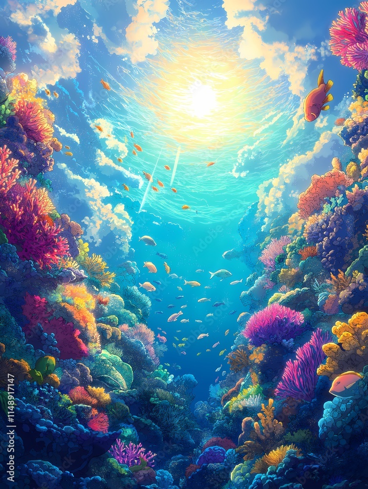 Vibrant Coral Reef Paradise: Sunlit ocean depths teeming with colorful coral, diverse fish, and a breathtaking underwater vista. A digital painting of an idyllic marine ecosystem. Vibrant Coral Reef Paradise: Sunlit ocean depths teeming with colorful coral, diverse fish, and a breathtaking underwater vista. A digital painting of an idyllic marine ecosystem.