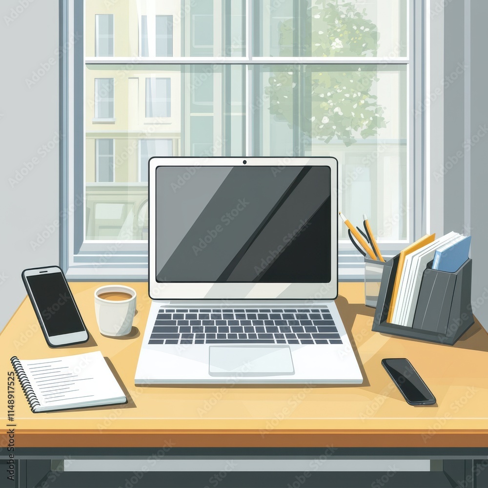 A modern workspace featuring a laptop, smartphone, coffee, and stationery, creating an inviting and productive environment. A modern workspace featuring a laptop, smartphone, coffee, and stationery, creating an inviting and productive environment.