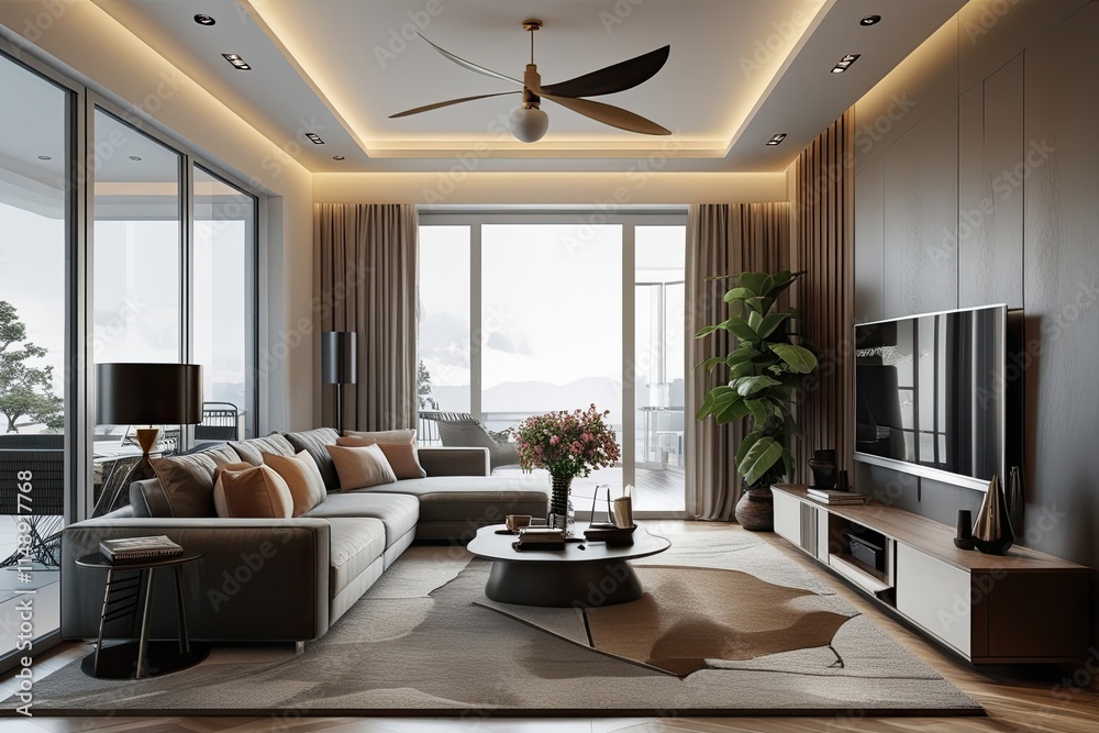 Fototapeta premium Trendy 3D Visualization of Contemporary Living Room Interior Design