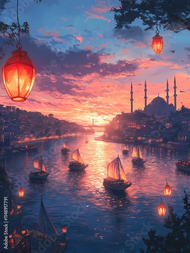 Sunset over the Bosphorus: A breathtaking, artistic depiction of Istanbul at sunset, featuring traditional sailing vessels on the water, illuminated by warm-toned lanterns and a vibrant sky.