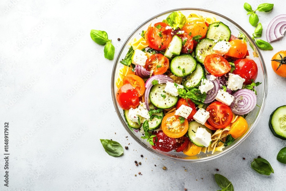 Refreshing pasta salad with tomatoes, cucumbers, feta cheese, and red onion. Refreshing pasta salad with tomatoes, cucumbers, feta cheese, and red onion.