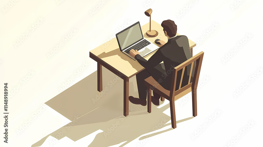 A man working with laptop at desk in flat isometric vector illustration. Wrought. Illustration A man working with laptop at desk in flat isometric vector illustration. Wrought. Illustration