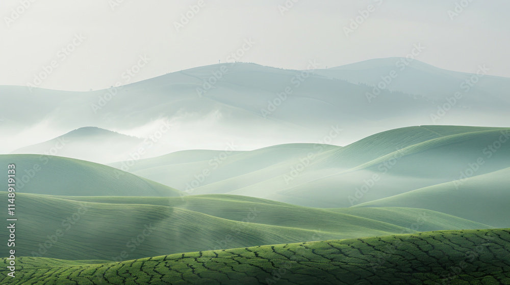 Rolling hills of tea fields partially obscured by a soft layer of mist, evoking calmness and serenity, Rolling hills of tea fields partially obscured by a soft layer of mist, evoking calmness and serenity,