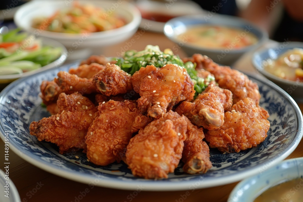 Crispy poultry with spices duck cream Korean mustard dip radish soy and garlic Crispy poultry with spices duck cream Korean mustard dip radish soy and garlic