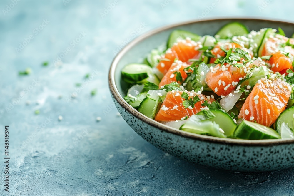 Cucumber salmon ceviche with marinated onions sesame seeds and green sauce on a light blue backdrop Side angle blank area Cucumber salmon ceviche with marinated onions sesame seeds and green sauce on a light blue backdrop Side angle blank area