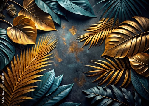 Dark Gold Tropical Leaves on Textured Background - Luxury Nature Stock Photo photo