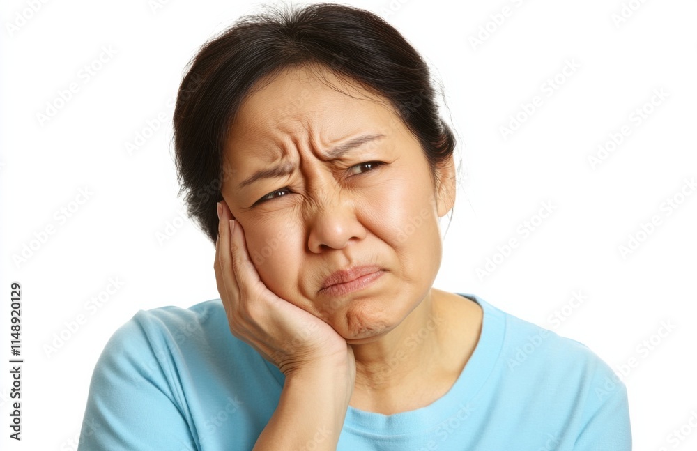 A woman is visibly distressed, holding her cheek, indicating discomfort possibly related to dental issues A woman is visibly distressed, holding her cheek, indicating discomfort possibly related to dental issues