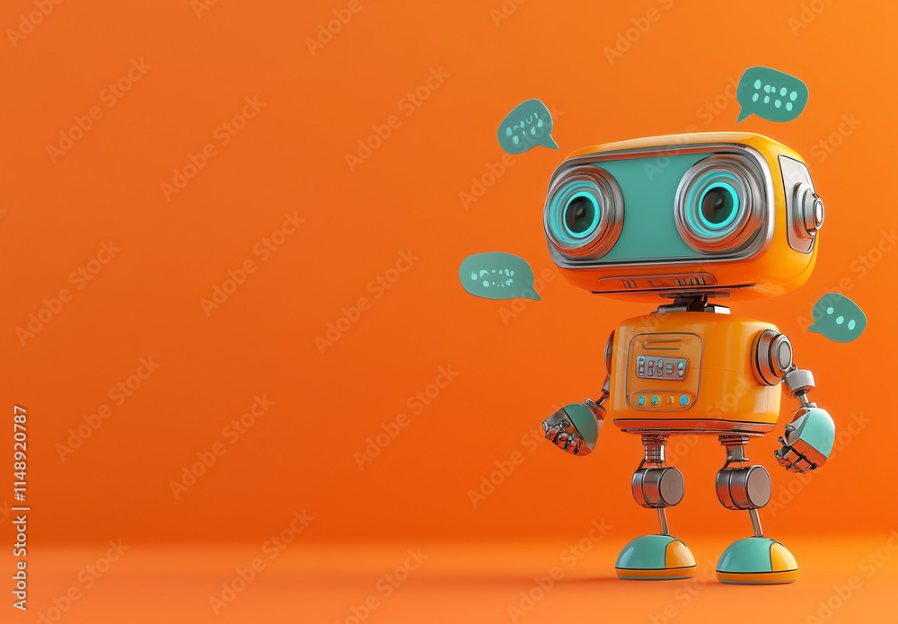 3d rendering. Smiling robot with mock up texts bubbles and messages. Generative AI. 3d rendering. Smiling robot with mock up texts bubbles and messages. Generative AI.