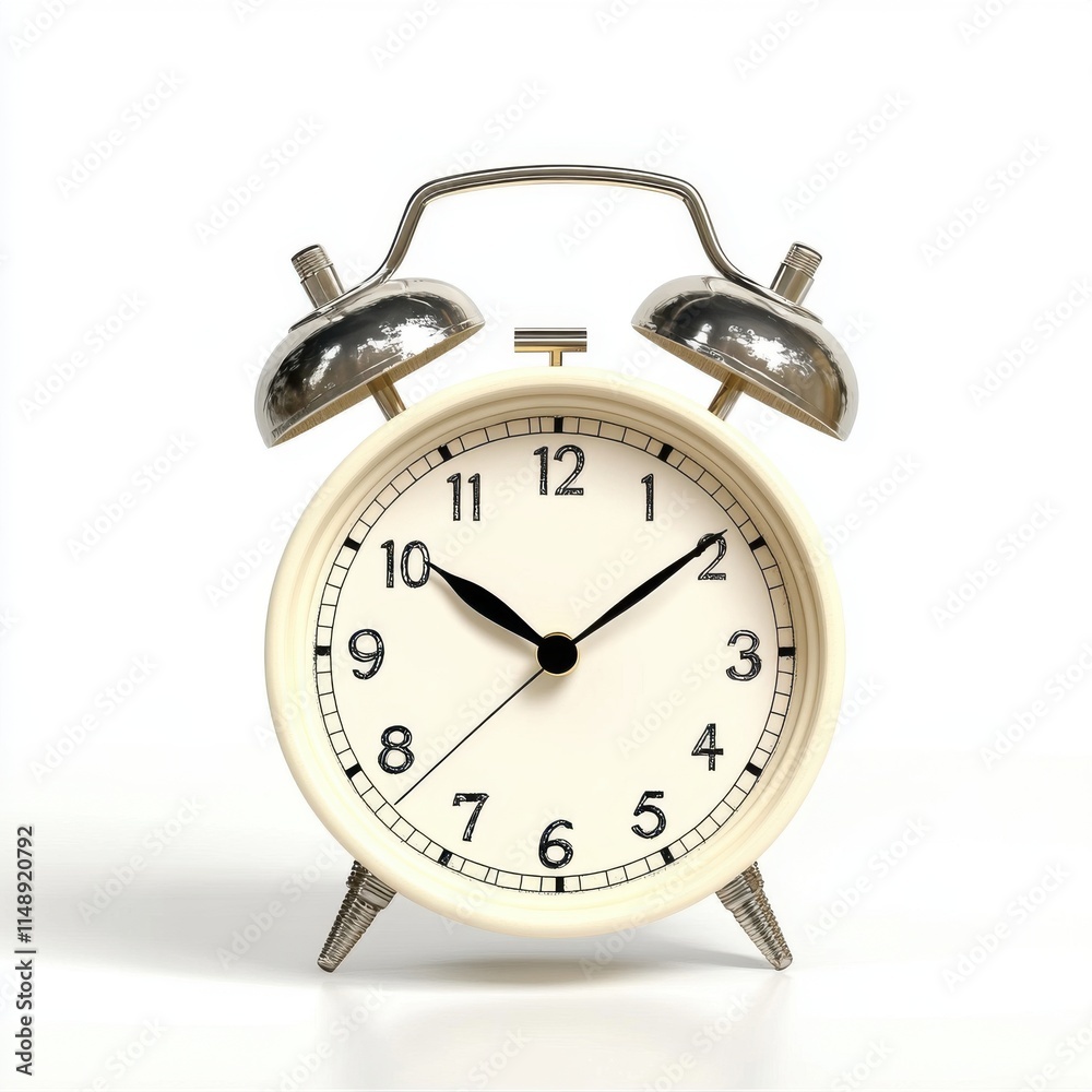 Classic white alarm clock with silver bells showing 10:10, symbolizing time management and punctuality. Classic white alarm clock with silver bells showing 10:10, symbolizing time management and punctuality.