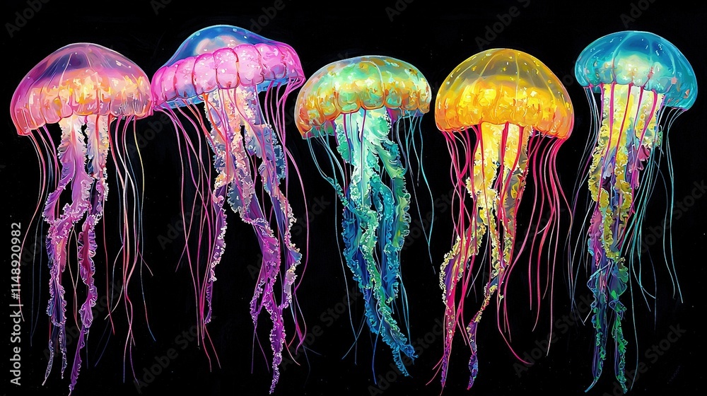 Jellyfish group on black surface Jellyfish group on black surface