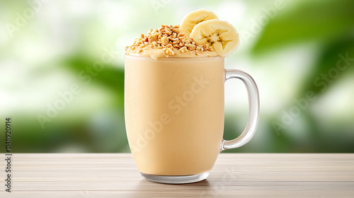 Close-up view of a frosty banana shake in a glass mug with banana slices and crushed nuts