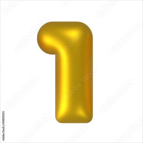 3D gold balloon number font. Number 1. Golden anniversary or birthday party celebrate. Shiny metal typography symbol for sale decoration. Bright font.