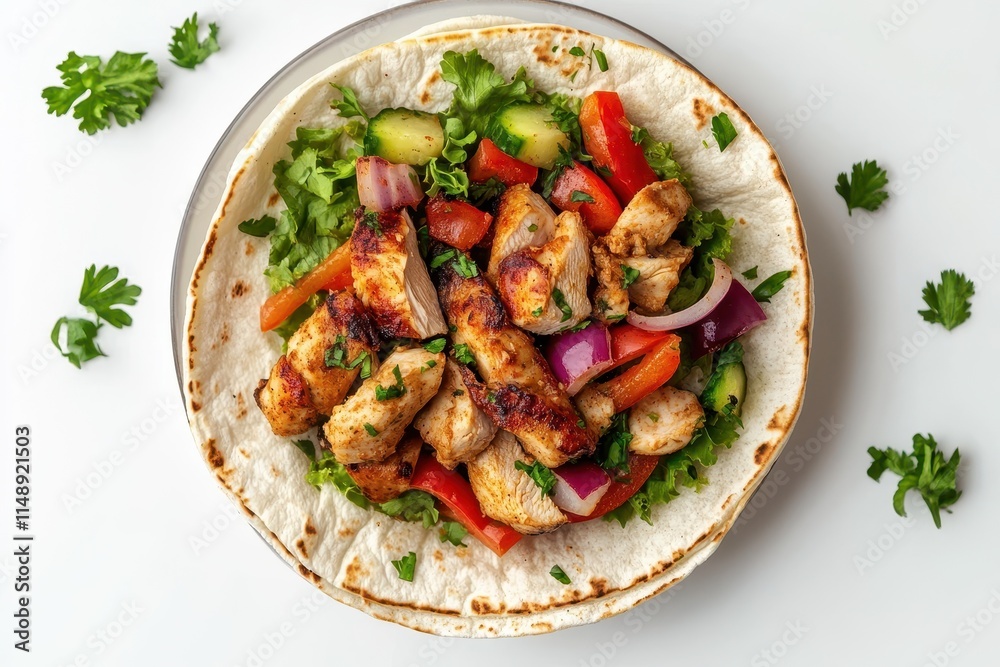 Delicious chicken and vegetable shawarma on a white background seen from above Delicious chicken and vegetable shawarma on a white background seen from above
