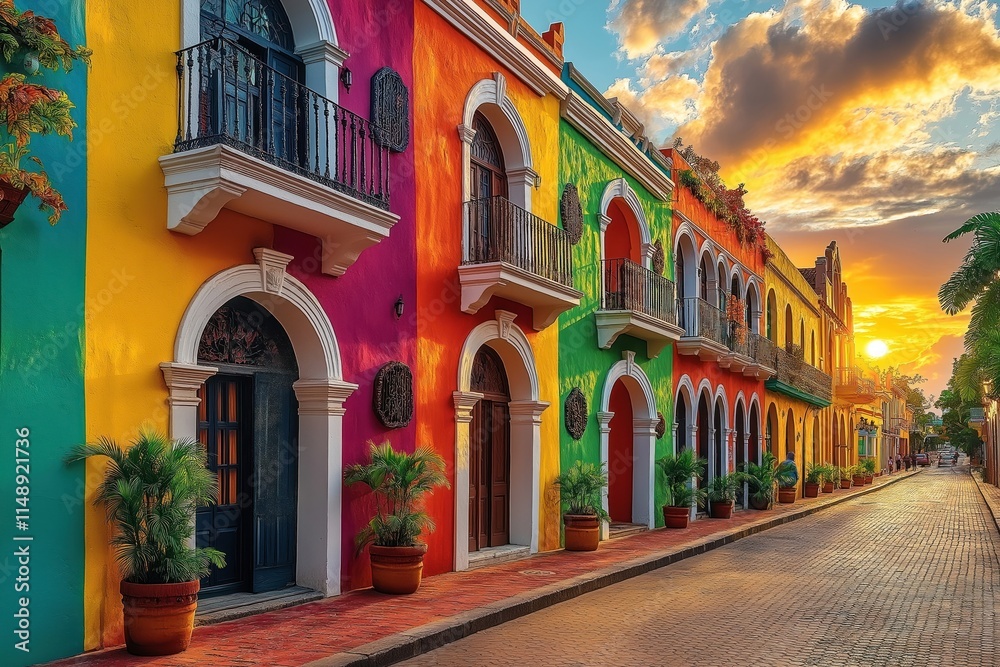 Fototapeta premium Colorful colonial architecture in Santo Domingo at sunset. Vibrant buildings line street. Picturesque street scene in Dominican Republic. Travel destination with historical landmark. Scenic view.