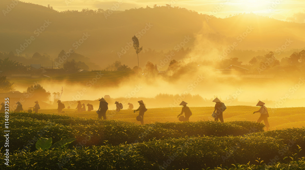 Tea picking at dawn, with mist rolling over the fields and a soft golden glow illuminating the workers, Tea picking at dawn, with mist rolling over the fields and a soft golden glow illuminating the workers,