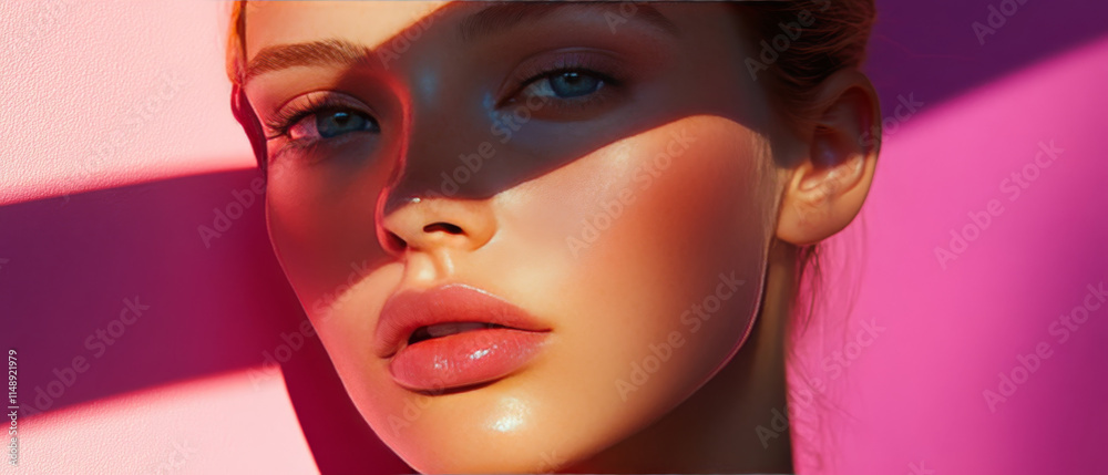 close up of woman face with glossy lips and radiant skin, illuminated by colorful light close up of woman face with glossy lips and radiant skin, illuminated by colorful light