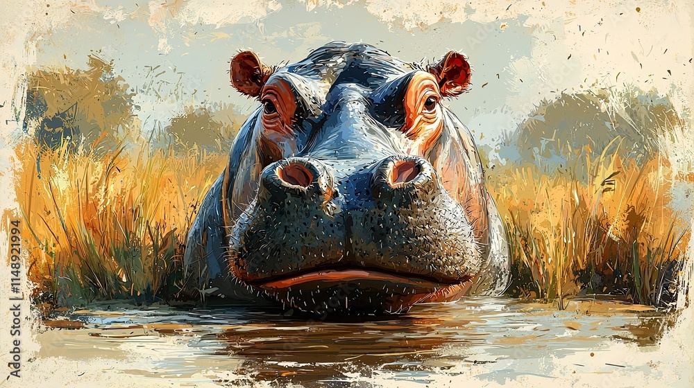 A close-up of a hippo in water, surrounded by tall grasses, showcasing wildlife beauty. A close-up of a hippo in water, surrounded by tall grasses, showcasing wildlife beauty.