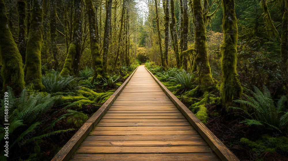 Fototapeta premium Oregon Forest Wooden Pathway with moss-covered trees and ferns, tranquil Pacific Northwest trail