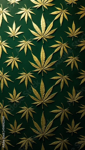Wallpaper Mural Luxurious gold-foil cannabis leaf pattern on matte emerald-green. Intricate veins and serrations with a 3D effect. Elegant, textured, and opulent design Torontodigital.ca