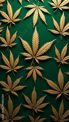 Luxurious gold-foil cannabis leaf pattern on matte emerald-green. Intricate veins and serrations with a 3D effect. Elegant, textured, and opulent design photo