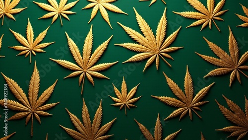 Luxurious gold-foil cannabis leaf pattern on matte emerald-green. Intricate veins and serrations with a 3D effect. Elegant, textured, and opulent design photo