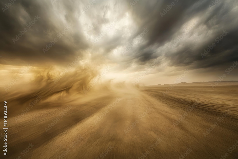 Majestic desert landscape hit by swirling sandstorm, showcasing dramatic skies and shifting sands Majestic desert landscape hit by swirling sandstorm, showcasing dramatic skies and shifting sands